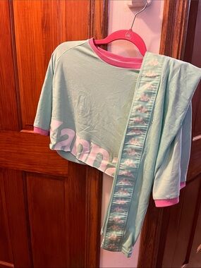 Kappa Mint Green Cropped Tee with Pink Trim & Logo-Strip Pants medium
